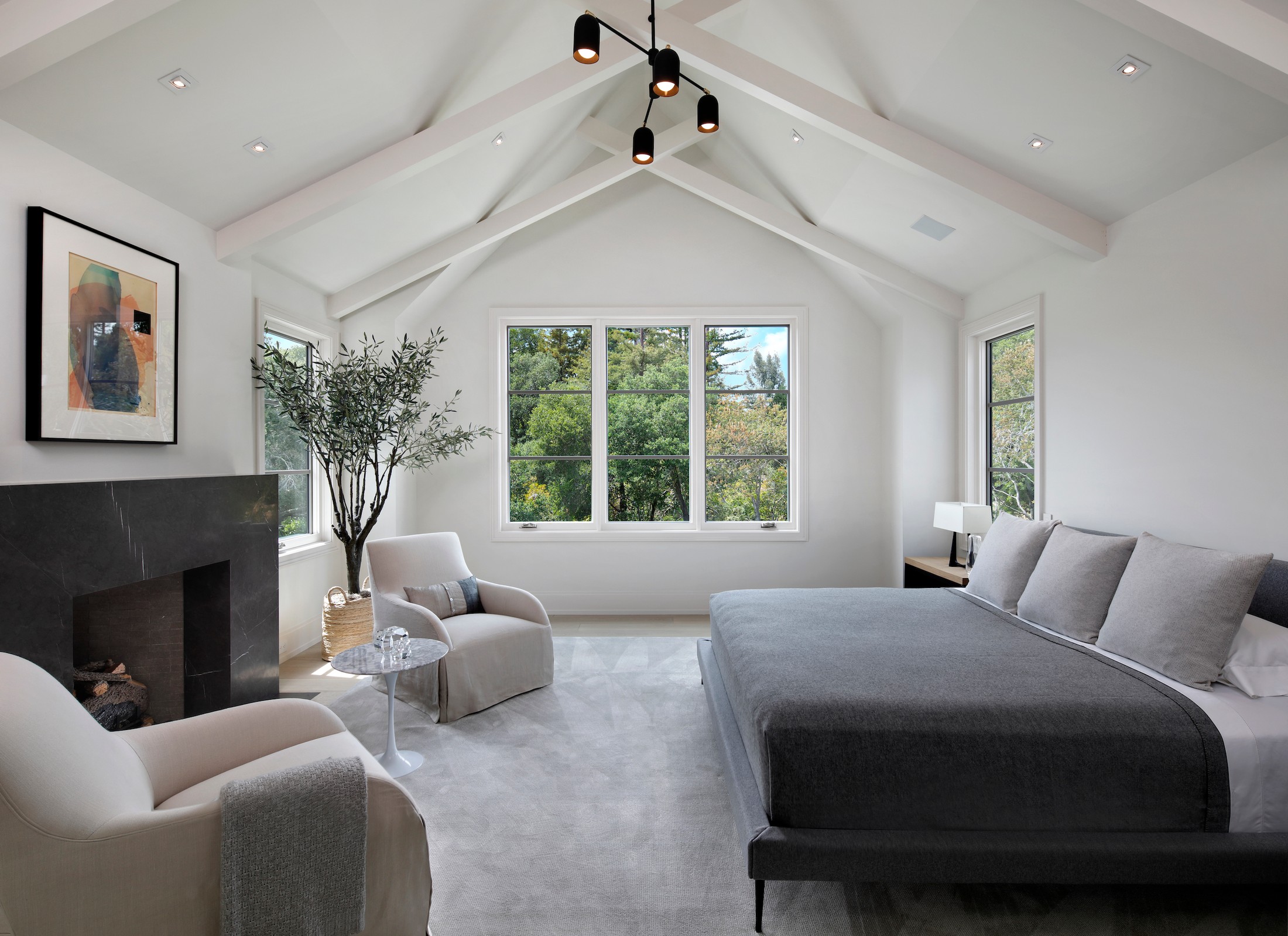 Bedroom with a fireplace, black ceiling lamps. The ceiling is vaulted. There is a large tree in the corner