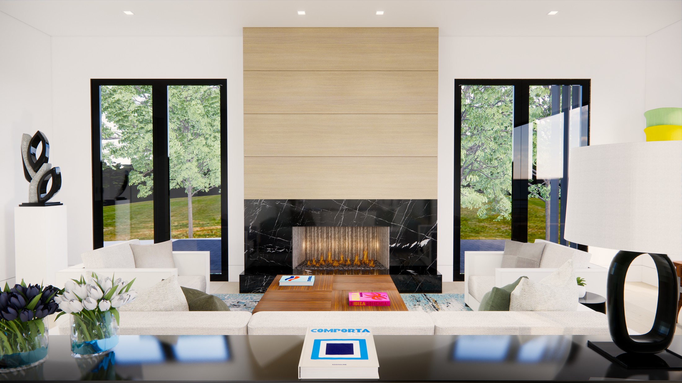 Rendered image of a living room space, with a large fireplace with marble and wooden finishing, and a seating area.