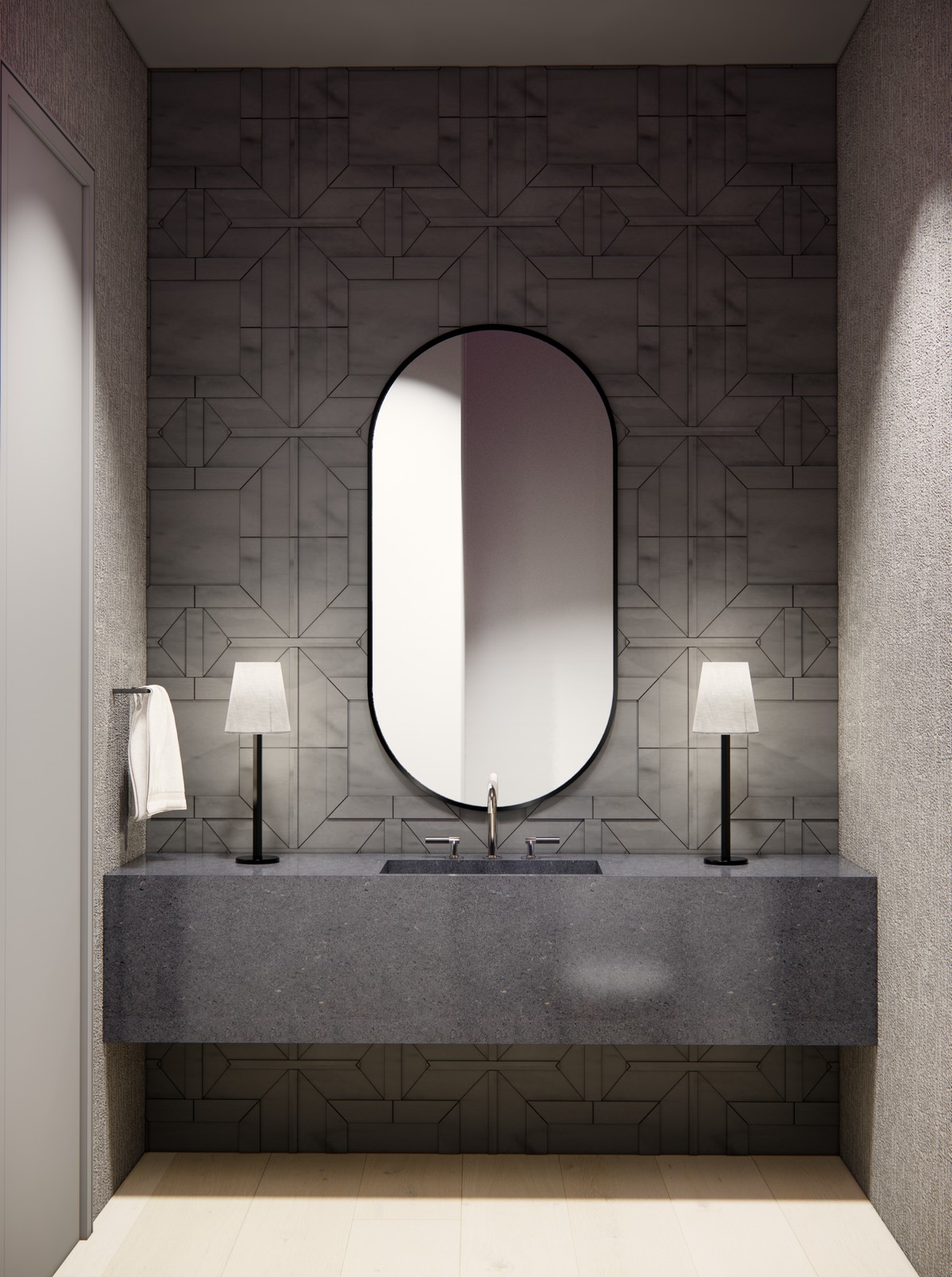 Rendered image of a bathroom with a large circular mirror, sink, lamps, and patterened walls.