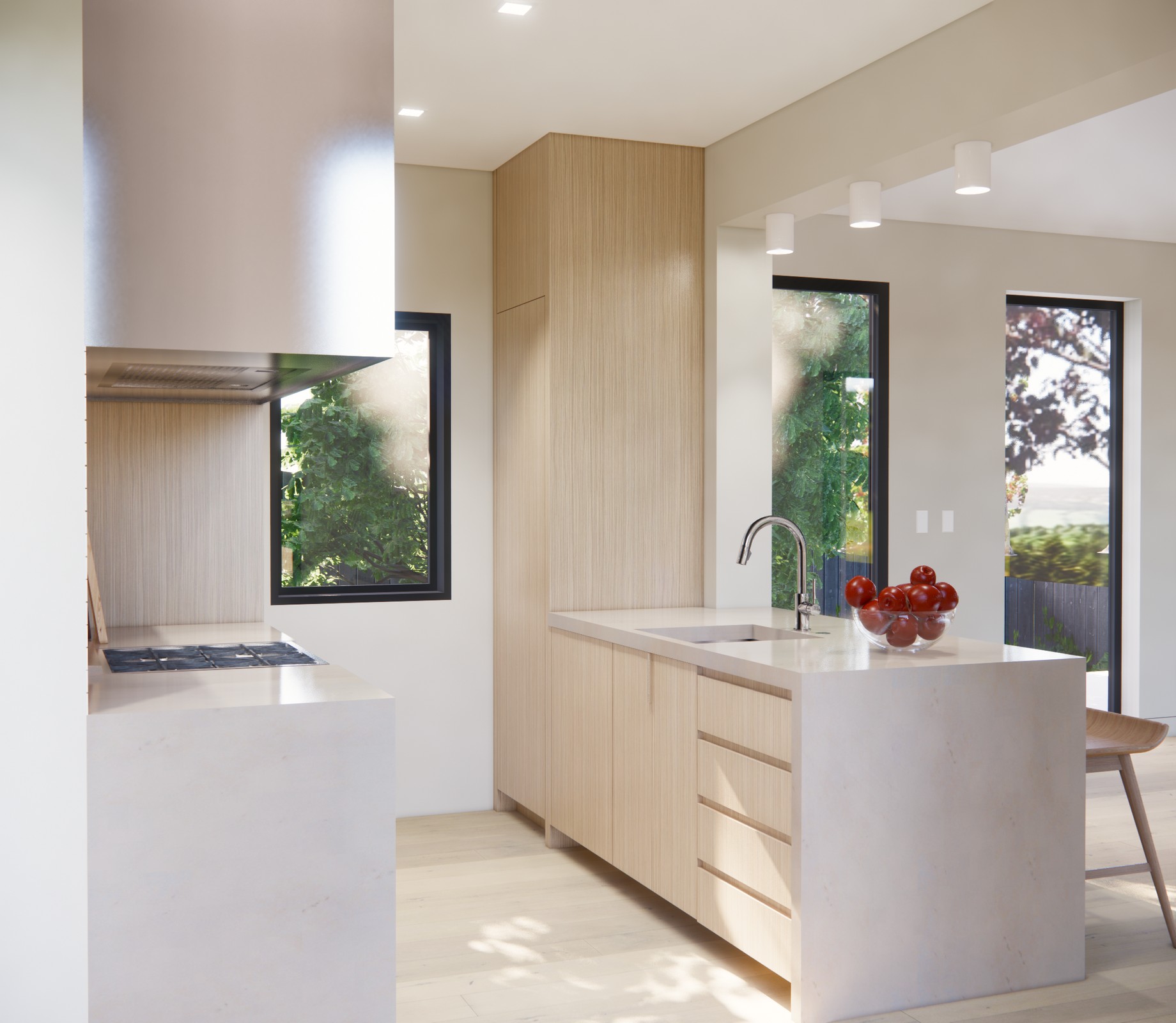 Rendered image of a kitchen, with oak and white finishes.