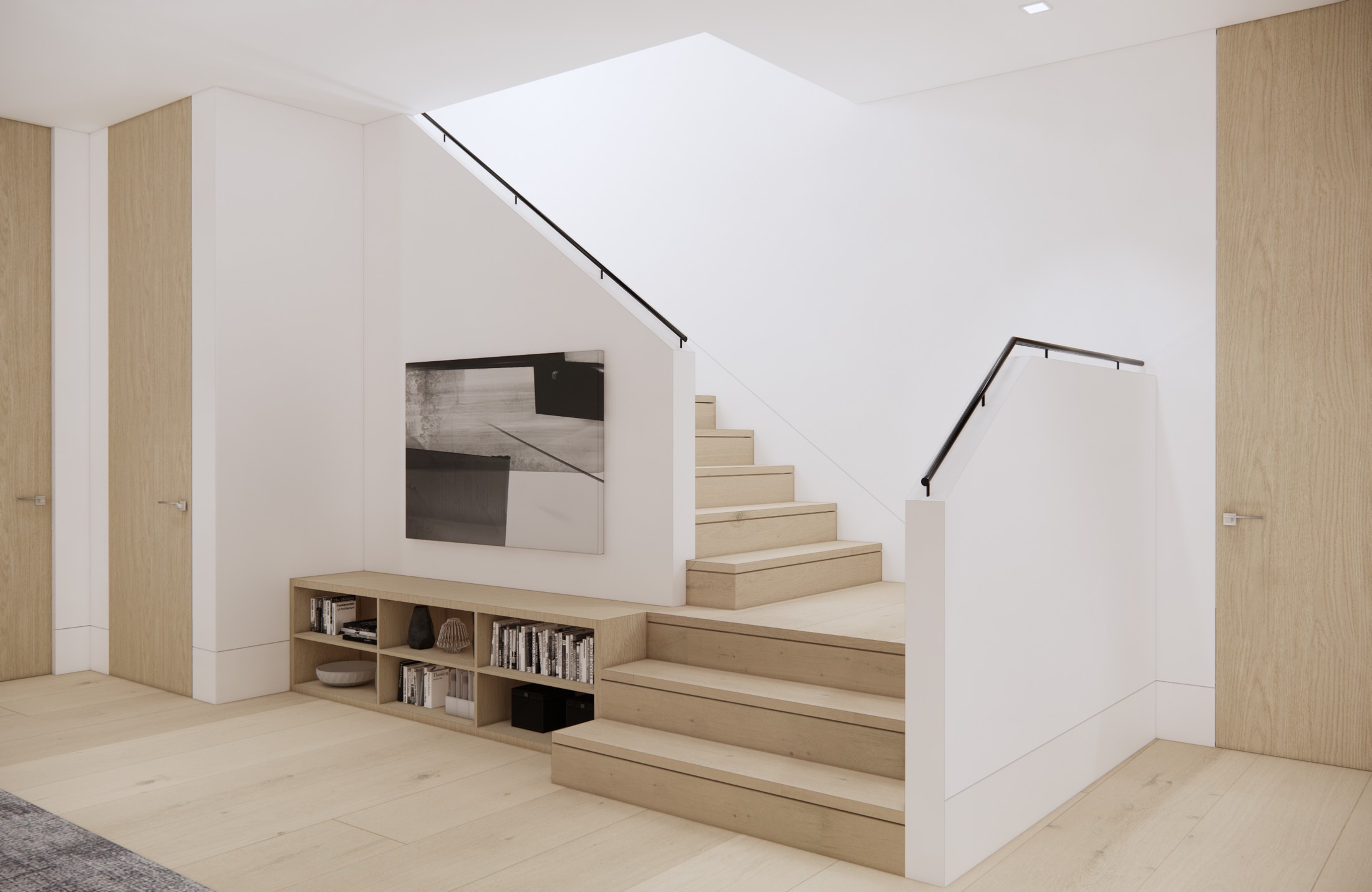 Rendered image of a stairway, and in the room is a bookshelf and artwork