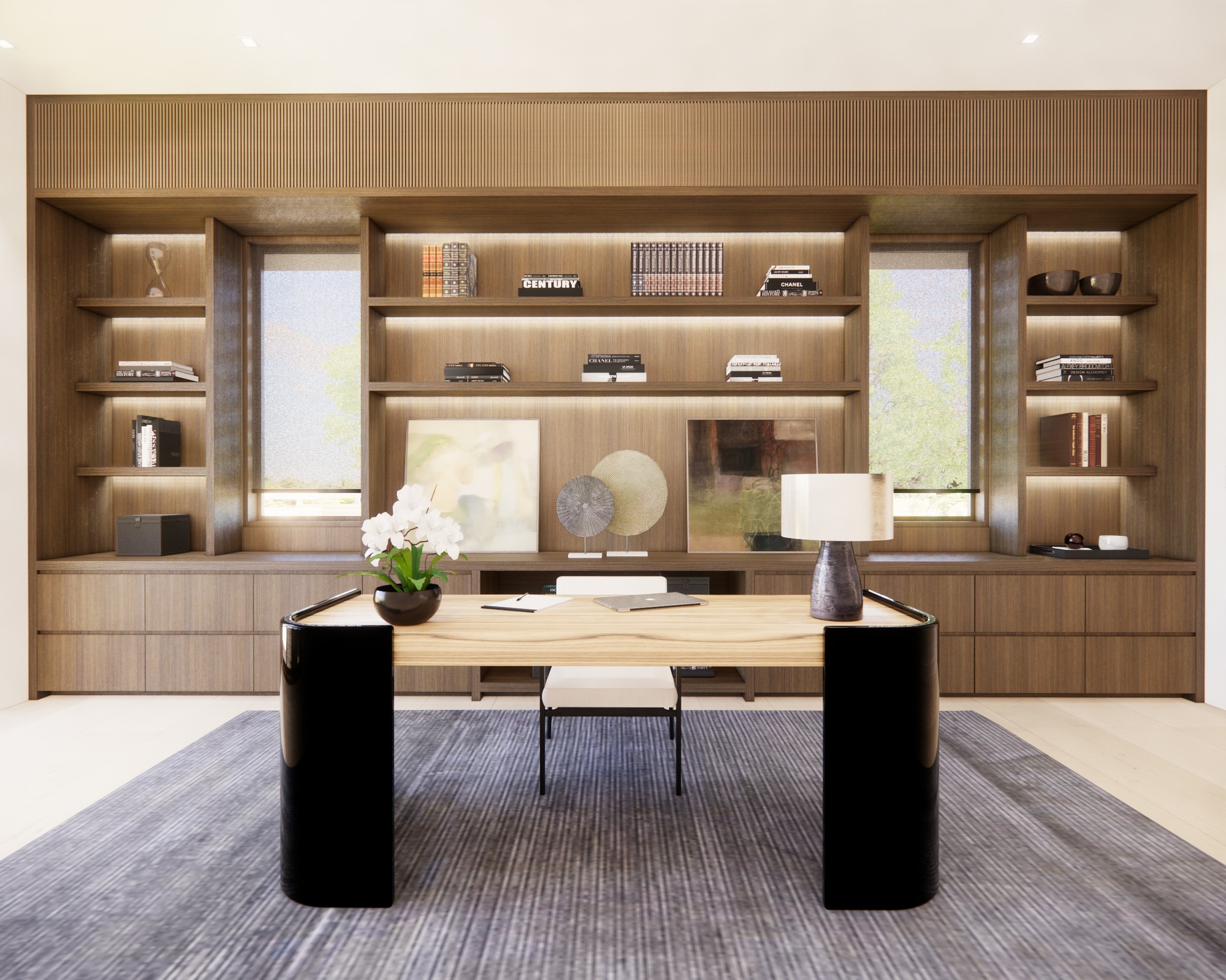 Rendered image of a study room, with large wooden shelving on the walls, black and wood desk and white chair. There is a lamp and flowers on the desk and a Macbook.
