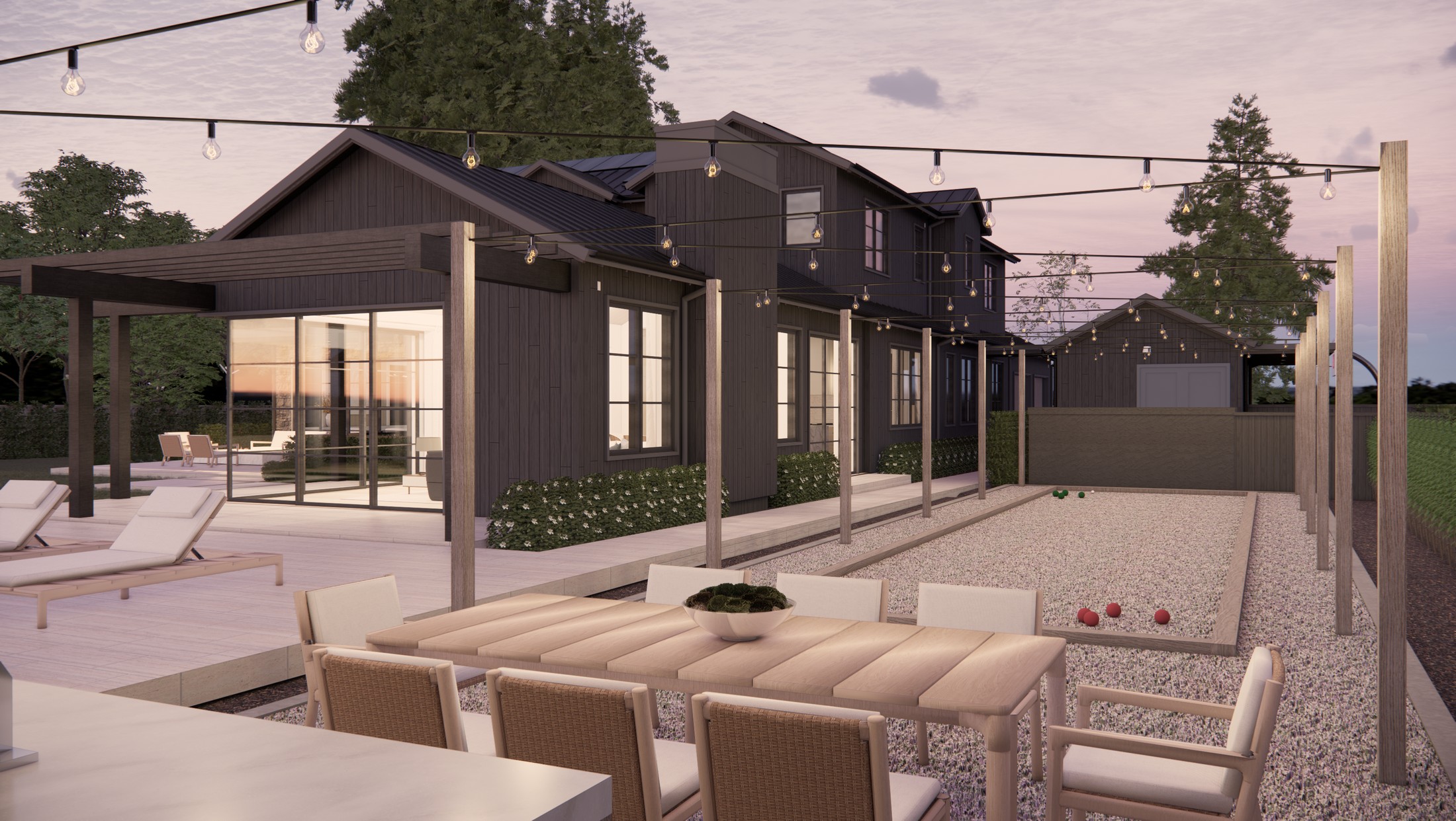 Close up rendered images of another outdoor sitting space, which a table and and chairs and a rocky area with some hung up lights.